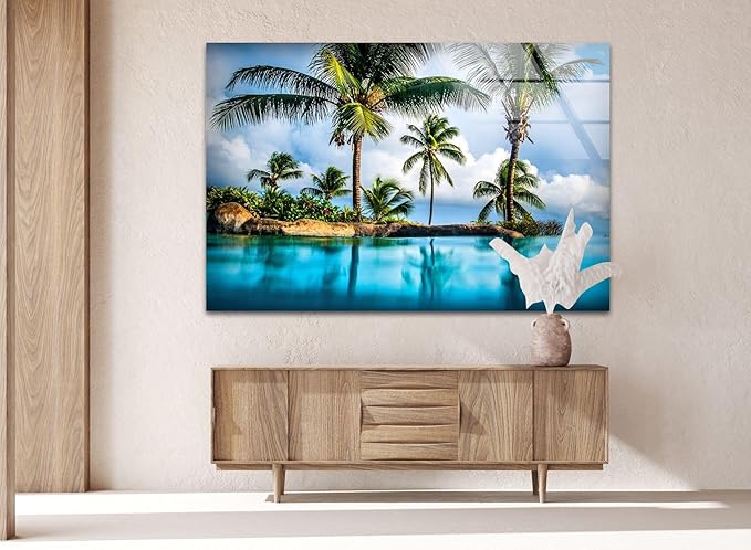 My Photostation.com 35.5Wx30H'' Island & Blue Sea Glass Wall ArtTempered Glass Printing Wall Decor Large Wall Art Wall Hangings
