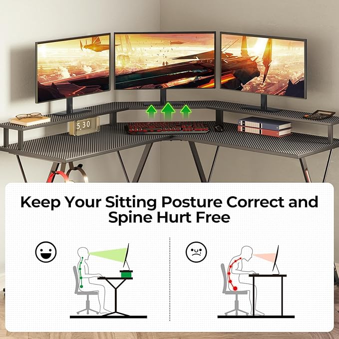 SEVEN WARRIOR L Shaped Gaming Desk with LED Lights & Power Outlets, 50.4” Computer Desk with Monitor Stand, Corner Desk with Carbon Fiber Surface, Gaming Table with Hooks, Black