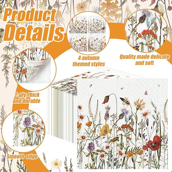 Fulmoon 200 Pieces Fall Floral Cocktail Napkins Disposable Autumn Flower Decoupage Paper Napkins Wildflower Beverage Towel for Thanksgiving Day Fall Party Favor Supplies