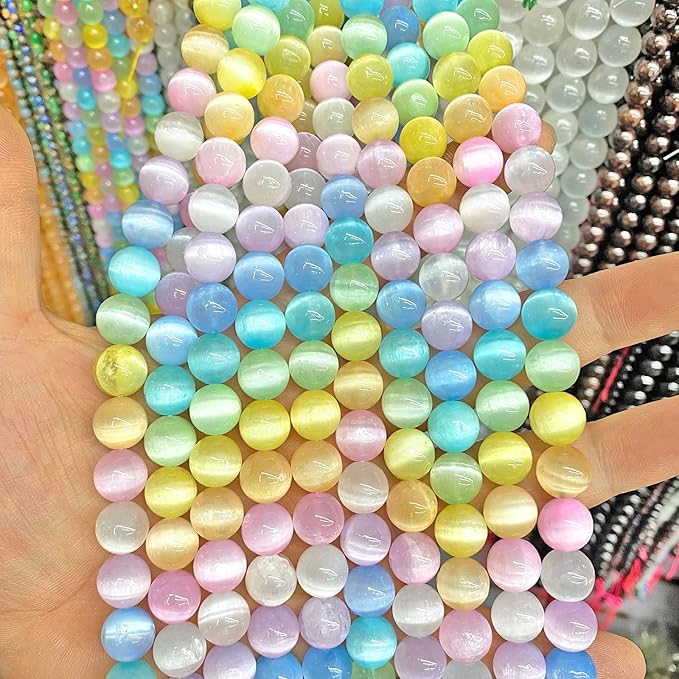60PCS 6MM Natural Stone Colorful Selenite Gypsum Beads Round Loose Beads for Jewelry Making DIY Bracelet Necklace Accessories 15" Energy Healing Power Stone Beads