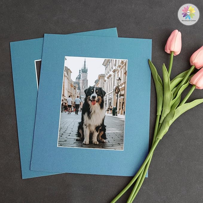 Mat Board Center, Pack of 10, 8x10 for 5x7 Dynamic Blue Color Mats - Bevel Cut, Acid Free, 4-ply Thickness, White Core - for Pictures, Photos, Framing