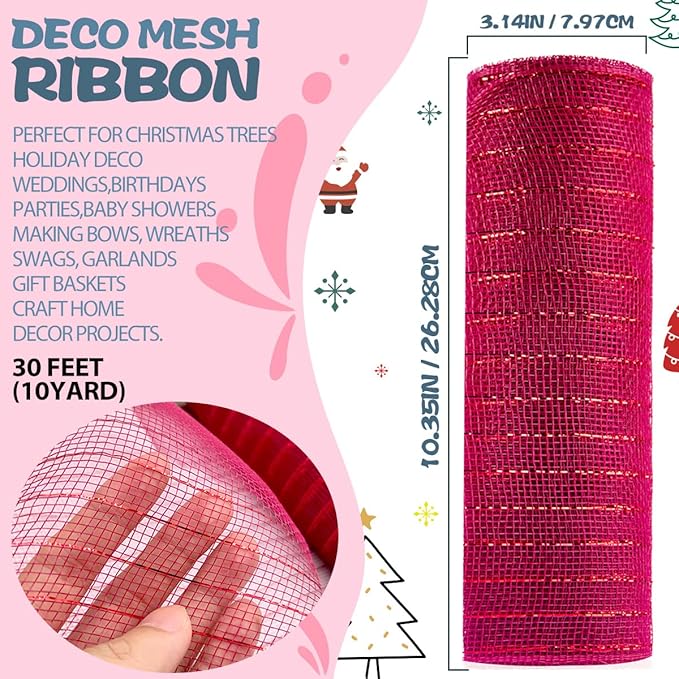 Anivia Deco Mesh Ribbon, 10inch x 30 Feet Each Roll Metallic Foil Mesh Ribbon for Wreaths Swags, Holloween, and Christmas Tree Decoration (Burgundy/Red Foil)