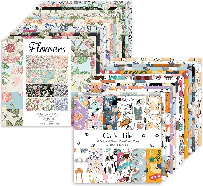 48 Sheets 24 Designs Scrapbook Paper Pad, 6"×6" Single-Sided Decopodge Craft Cardstock Paper,Scrapbooking DIY Decorative Background Cardmaking Supplies.Cat's Life&Flowers