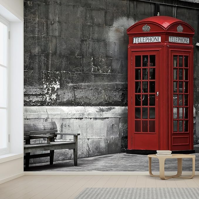 wall26 Wall Sticker/Wall Mural British Phone Booth in London, Not Peel and Stick, Non-Woven Wallpaper Decorative for Bedroom, Living Room,Office - 132x144 inches