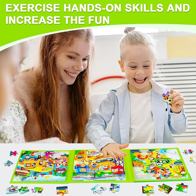 Magnetic Puzzles for Kids Ages 4-8, 3 in 1 Cartoon Jigsaw Puzzle Book, Toddlers Travel Puzzles Toys, Preschool Learning Toy for Children 3-8 Year (Green Zoo)