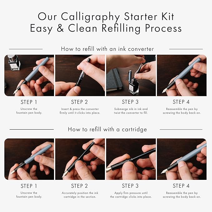 Wordsworth and Black Calligraphy Pen Set - Black - Includes 2 Calligraphy Pens, 18 ML Ink Bottle, 60 Ink Cartridges, Ink Refill Converter, 1 Medium and 4 Broad Nibs, Brush Pen
