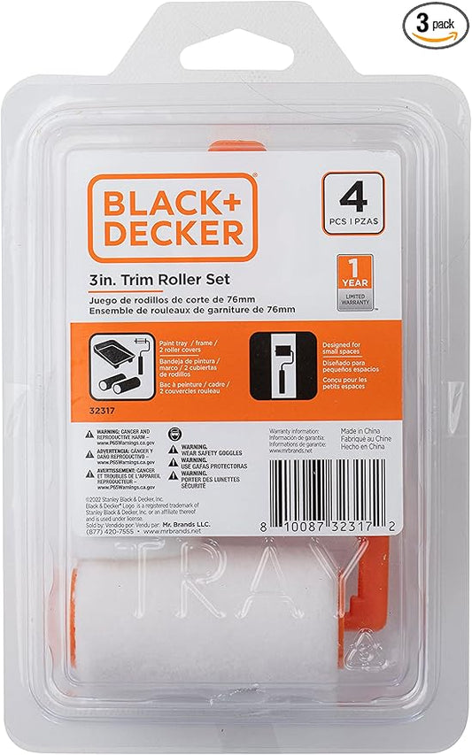 Black+Decker 3-Inch Trim Roller Set with Paint Tray, Roller Frame and 2 Roller Covers, Precision Painting for Professional Results