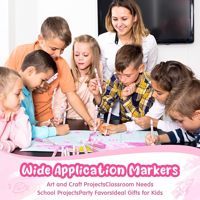 18 Pcs Line Washable Markers Bulk Pink Fine Tip Markers Set Coloring Thin Tip Drawing Washable Pen for Kids Art School Classroom Back to School Gender Reveal Party Supplies, Ages 6+
