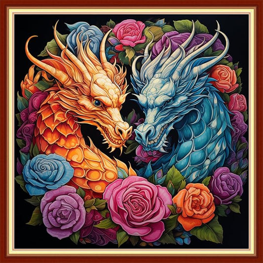 DMCVIVR Stamped Cross Stitch Kits for Adults Beginners Embroidery Kits 11CT Needlepoint Kits Cross Stitch Patterns Embroidery Patterns&Colored Dragon Flower 18x18 inch