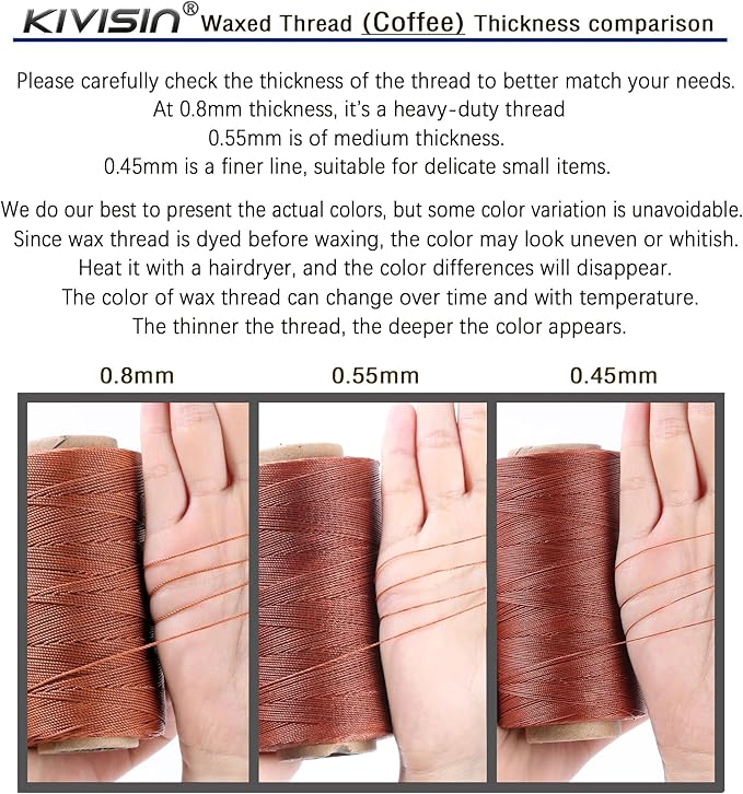 Bonded 0.8mm Round Waxed Polyester Cord, 3-ply Wax Coated Thread, 197 Yards Stiff String for Heavy Duty Fabric, Leather Sewing, Book Binding, Upholstery Repair, and Macrame Jewelry - Coffee