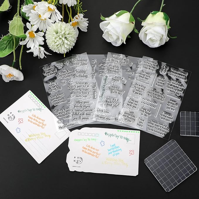 4 Sheets Sentiments Rubber Clear Stamps Set for Card Making and DIY Scrapbooking Journaling 2 Acrylic Stamp Blocks with Grid Lines for Birthday Wedding Wife Husband Anniversary Special Occasion Cards
