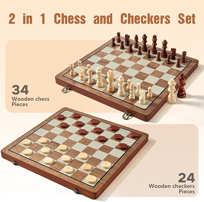 MerryPony 2 in 1 Magnetic Wooden Chess and Checkers Set, 15" Foldable Chess set for Adults & Kids, Chess Board with 2 Extra Queens, Travel Chess Set with Pieces Storage Slots, Ideal Chess for Beginner