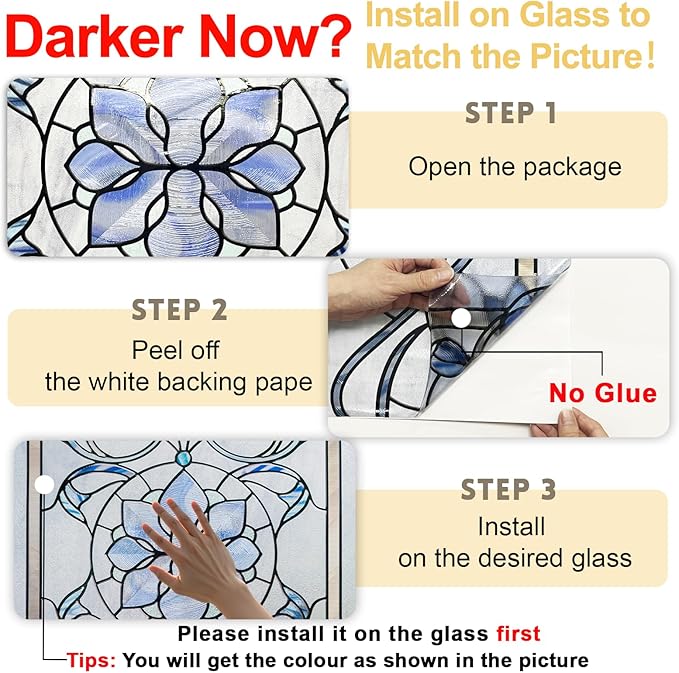 3D Stained Glass Window Privacy Film, Heat Control UV Blocking Static Cling Decorative Window Film for Bathroom,Front Door,Home Non Adhesive,16.9 x 39.3 inches Azure Bloom
