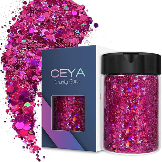 Ceya Holographic Chunky Glitter, 4.9oz/ 140g Fuchsia Craft Glitter Powder Mixed Chunky & Fine Flakes Iridescent Nail Sequins for Nail Art, Hair, Epoxy Resin, Tumblers, Slime, Painting, Festival Decor