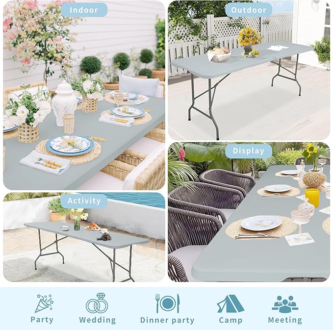 Folding Table 5FT Camping Table Portable Heavy Duty Plastic Rectangular Outdoor Dining Table Steel Legs Fold-in-Half with Carrying Handle for Indoor,Picnic,Party,Wedding,Events(Grey)