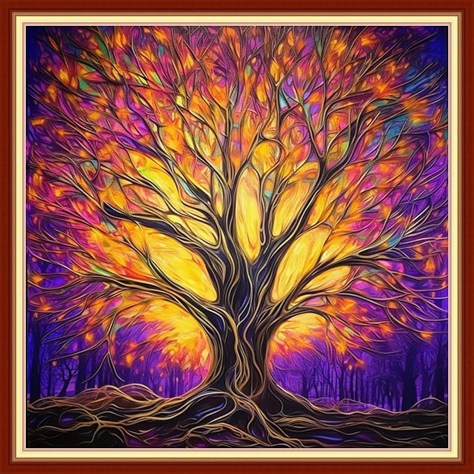 DMCVIVR Stamped Cross Stitch Kits for Adults Beginners Embroidery Kits 11CT Needlepoint Kits Cross Stitch Patterns Embroidery Patterns-Colorful Night Light Tree 18x18 inch