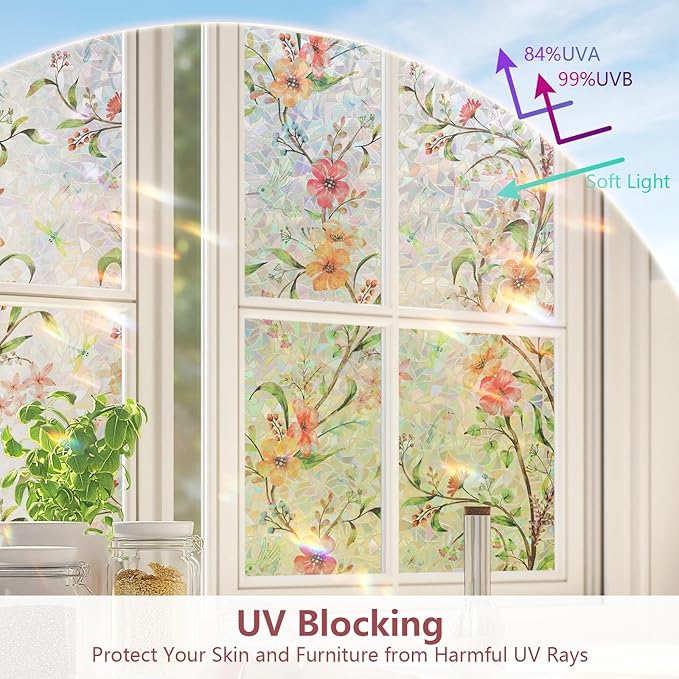 NINETREX Window Privacy Film,Stained Glass Window Film,Rainbow Decorative Stickers Static Cling Anti UV Heat Control for Home Decor (Galsang Flower,35.4 x 78.7inch)