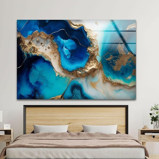 My Photostation.com 30Wx24H'' Blue Alcohol ink Glass Wall ArtTempered Glass Printing Wall Decor Large Wall Art Wall Hangings