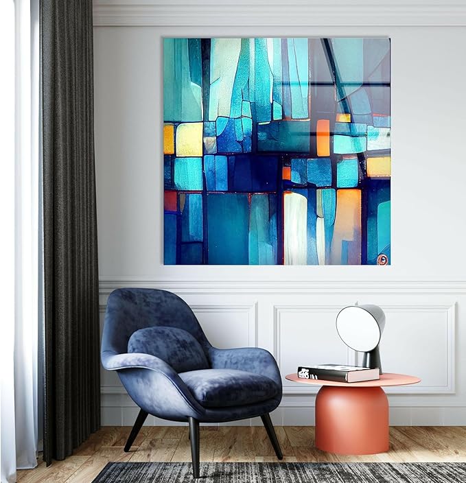 My Photostation.com 20Wx14H'' Blue Vibrant Stained Glass Wall ArtTempered Glass Printing Wall Decor Large Wall Art Wall Hangings