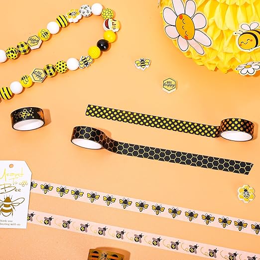 Whaline 12 Rolls Bee Washi Tape Foil Gold Honey Bee Washi Masking Tape 15mm Wide Bumblebee Honeycomb Daisy Print Decorative Adhesive Masking Tape for Scrapbook Gift Wrapping DIY Art Crafts