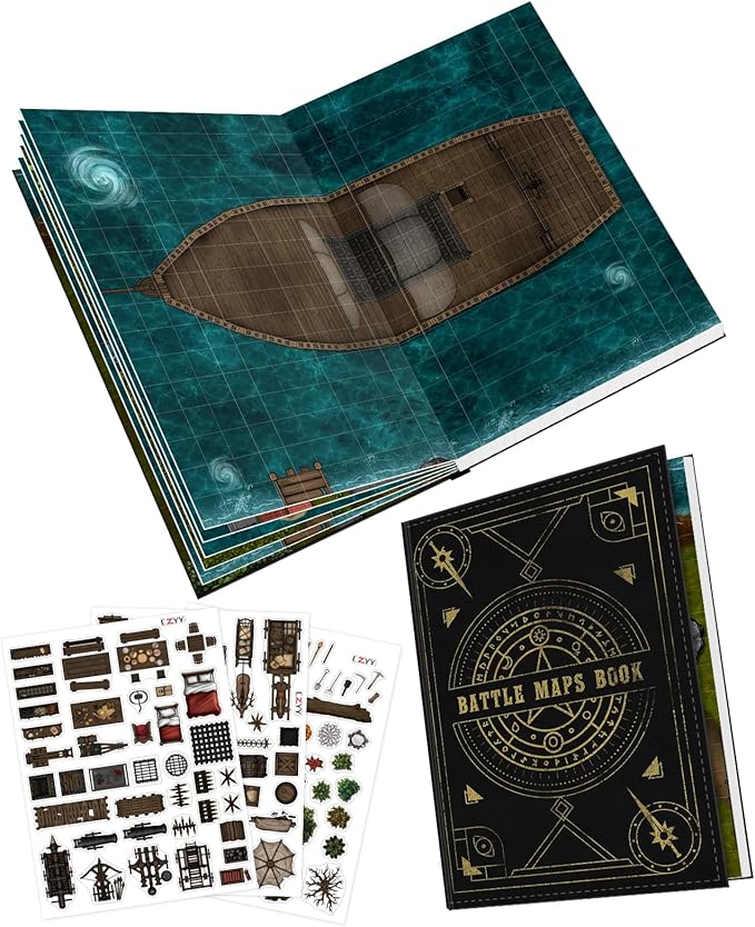 CZYY DND Battle Map Book – 32 Reusable Dry/Wet Erase Mats with 100+ Scenery Decals, 1" Grid & Lay-Flat Binding - Portable RPG Terrain Kit for Campaigns, Game Night & Miniature Battles (Style A)