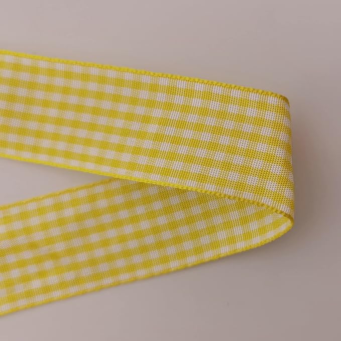 Yellow and White Gingham Ribbon Christmas Ribbon 25 Yards Each Roll 100% Polyester (1", Yellow)