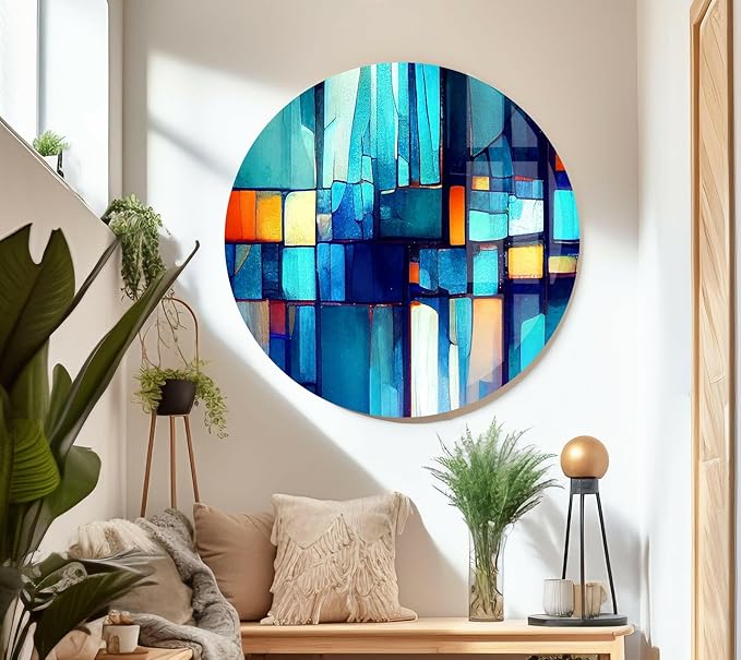 My Photostation.com 48Wx32H'' Blue Vibrant Stained Glass Wall ArtTempered Glass Printing Wall Decor Large Wall Art Wall Hangings