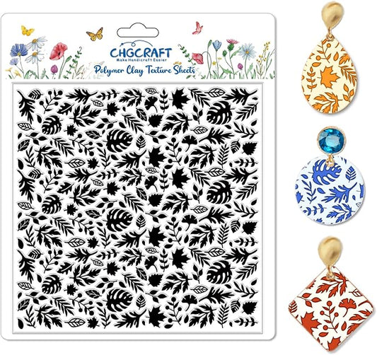 CHGCRAFT Autumn Leaves Pattern Polymer Clay Texture Sheet Plants and Maple Leaves Silicone Texture Mat for Polymer Clay Making Earrings Jewelry DIY Crafts 5.5 × 5.5 Inch