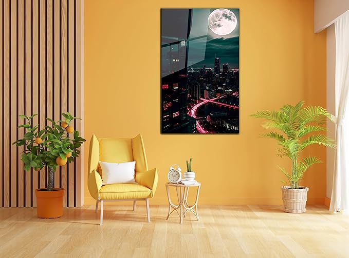 SpiritualHands Moon And City Glass Wall Art Painting for Living Room, Tempered Glass Modern Prints Decor, Large Vivid Color Panel for Bedroom, Kitchen, or Office