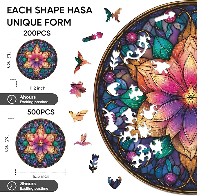 Wooden Puzzles for Adults, Dream Lotus Adult Puzzles 200 Pieces, Wooden Jigsaw Puzzles Unique Shape, Best Gifts for Adults Family Game, 11.2x11.2 inch