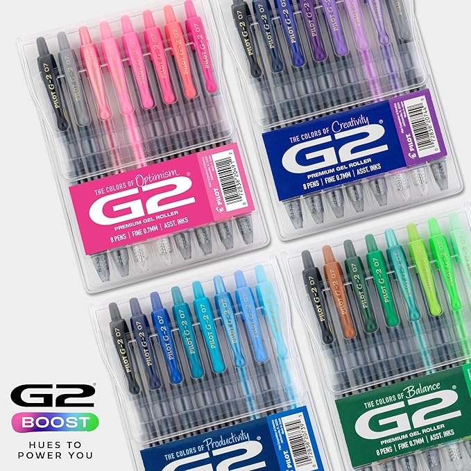 Pilot G2 Premium Gel Roller Pens, Fine Point Gel Pens, Boost Purple Pack, The Colors of Creativity, 8-Pack Pouch, 0.7 mm, Assorted - Ideal for School, Journaling, & Office Writing