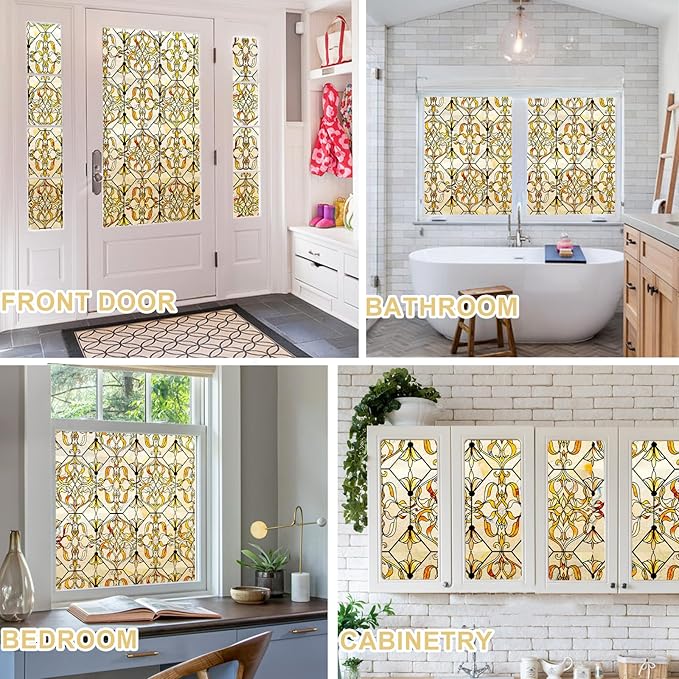 3D Stained Glass Window Privacy Film, Heat Control UV Blocking Static Cling Decorative Window Film for Bathroom,Front Door,Home Non Adhesive,GiltGaze 23.6 x 35.4 inches