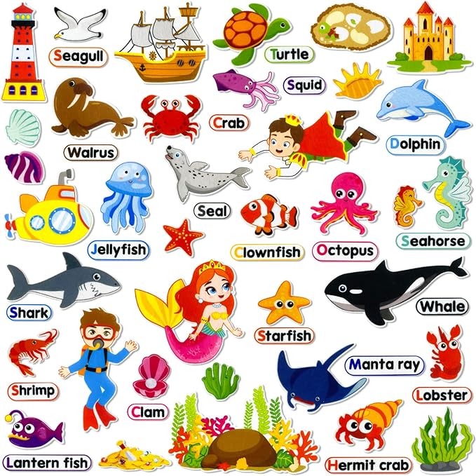 Felt Flannel Board Story Pieces for Toddlers Preschool,Kids Interactive Storytelling Teaching Play Kits for Felt Flannel Board,with Words Pieces(Marine Animals)