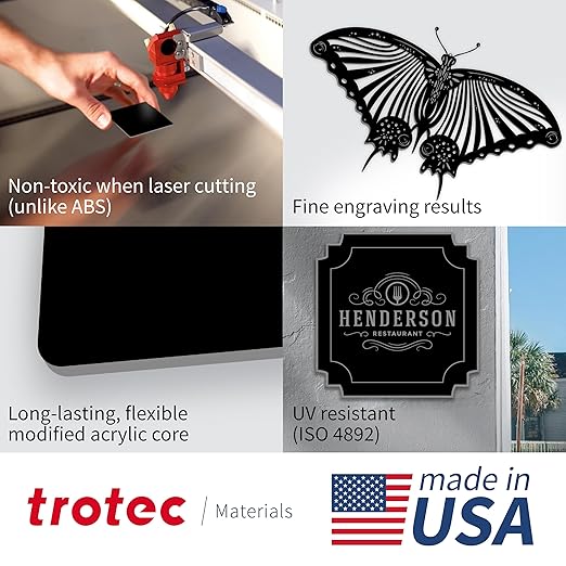 Trotec TroLase | 12"x12"x1/16", 8 Pcs | Black/Silver| 2 Ply | Modified Acrylic | Laser Engraving Double Color Plastic Sheet | Engraving Blanks for Laser, Saw, Guillotine | Made in USA