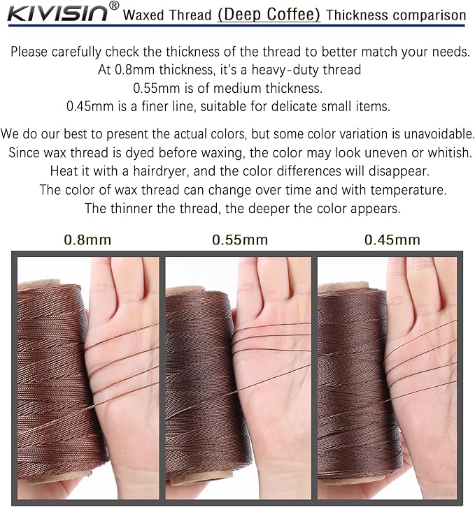Bonded 0.8mm Round Waxed Polyester Cord, 3-ply Wax Coated Thread, 197 Yards Stiff String for Heavy Duty Fabric, Leather Sewing, Book Binding, Upholstery Repair, and Macrame Jewelry - Deep Coffee