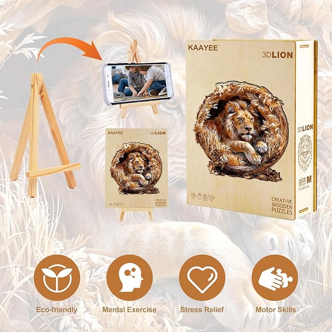 KAAYEE Wooden Puzzles for Adults, 3D Vision Effect Lion King Wooden Jigsaw Puzzles Flat 100 PCS Unique Shape Advanced Wood Puzzle Adult, Birthday Fathers Family Game (S-8.5 * 8.5 in)
