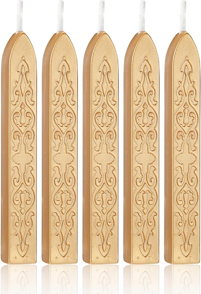Yoption 5 Pcs Metallic Light Gold Sealing Wax Sticks with Wicks for Wax Seal Stamp, Wedding Invitations, Gift Wrapping, Christmas