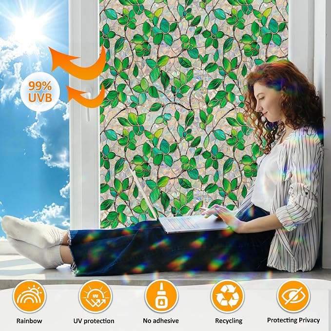 Window Privacy Film Stain Glass Window Film Rainbow Window Film Window clings Non-Adhesive Reusable Decorative for Room (Greenery Leaf, 17.5 x 78.7 in)