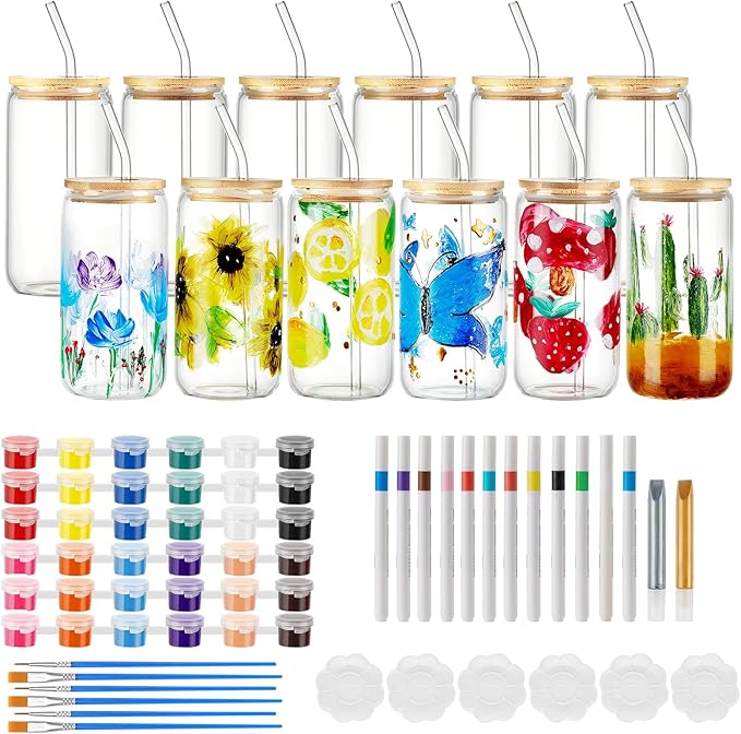 WJXCYGG 6 Sets Paint Your Own Wine Glass Paint Set 6 Wine Glass 2 Glass Paint Outliner 12 Markers 36 Glass Painting Acrylic Paint Strips 12 Brushes 6 Palette for Adults Lady Night (Drinking Cup)