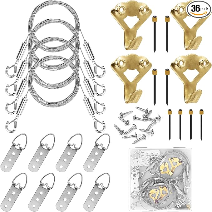 4 Pack Picture Hanging Wire Kit, Heavy Duty Picture Hanging Kit for Frames & Mirrors up to 50lbs, Includes Adjustable 2m Steel Wires, D Rings & Screws, Wall Hanging Kit for Home & Office Décor