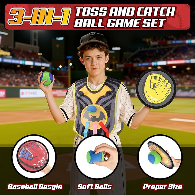 3-in-1 Toss and Catch Ball Game Set, Kids Toddler Baseball Glove, Beach Games Outdoor Yard Lawn Toys for Kids & Family, Birthday Gifts Toys for 3 4 5 6 7 8-12 Year Old Boys and Girls