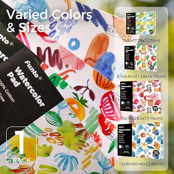 Funto Watercolor Pads, 100% Cotton, 20 Sheets, 7X 5, 140lb/300gsm, Glue Bound, Double-Sided, Easy Tear Heavyweight Art Paper for Painting
