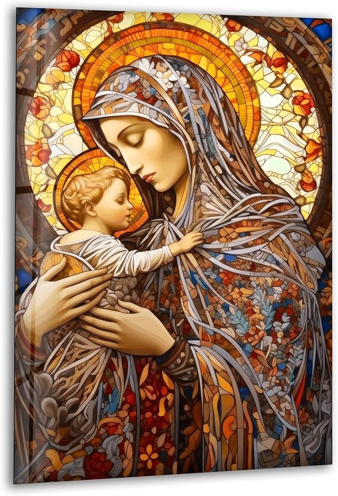My Photostation.com Round 24'' Jesus and Virgin Mary Glass Wall Art Tempered Glass Printing Wall Decor Large Wall Art Wall Hangings
