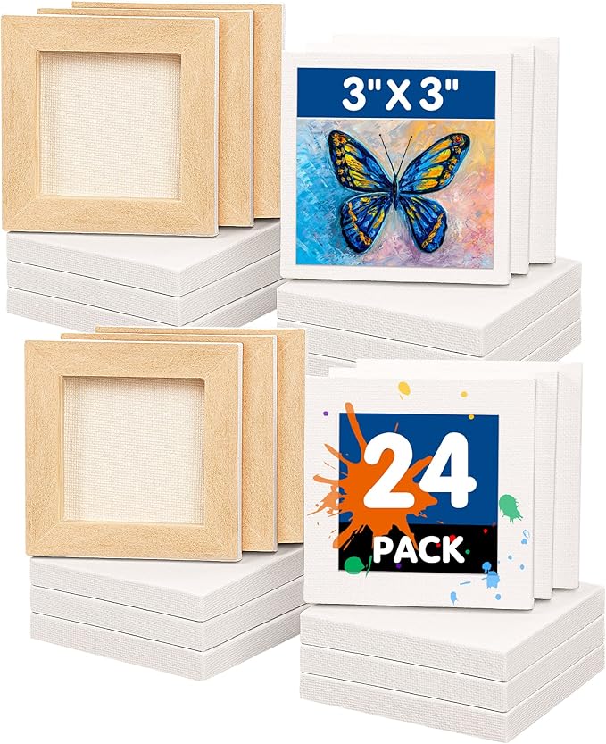 FIXSMITH Mini Stretched Canvas - 24 Pack 3 x 3 Inch, 2/5” Profile Small Square Canvases, 100% Cotton Art Primed Little Blank Canvas, Home Decor Project, Art Supplies for Acrylic Oil Painting