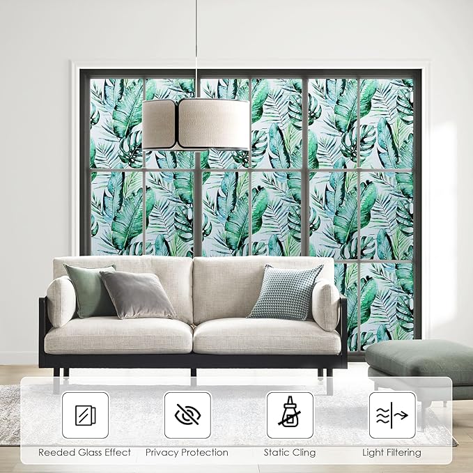 DKTIE Nature Pattern Rainbow Window Film Decorative Stained Glass Window Film Static Cling Films Easy Apply Removable Comes with Tools (U560-Reeded Glass, 17.7" x 118.1")