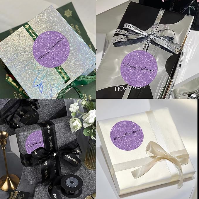 3" Circle Holographic Thermal Labels Stickers, Round Direct Thermal Label Stickers, Glitter Thermal Printer Sticker Labels for Gift Wrapping, Perforation Line Design- Glitter Purple