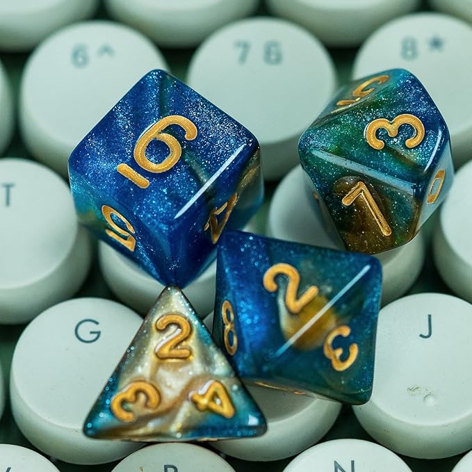 7-Die DND Dice Set Polyhedral Dice Set with a Leather Dice Bag, D&D Dice Set for Dungeons and Dragons, RPG Table Games (Blue Yellow/Glitter)