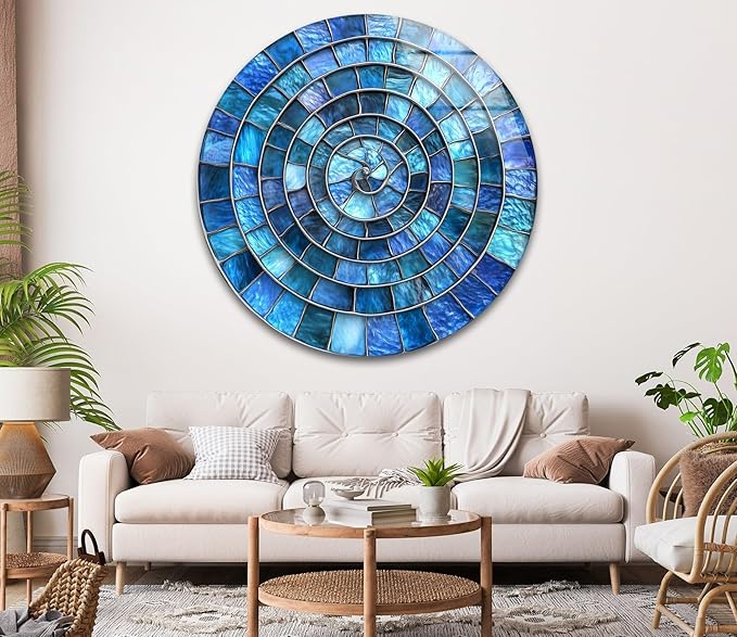 My Photostation.com 20''(50cm) Diameter Blue Aqua Spiral Harmony Round Glass Wall Art Tempered Glass Printing Wall Decor Large Wall Art Wall Hangings