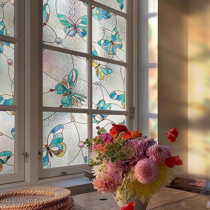 3D Stained Glass Window Film, Decorative Window Privacy Film for Bathroom,Front Door,Home, Sun Blocking Heat Control,Static Cling,Butterfly, 23.6inch x 35.4inch
