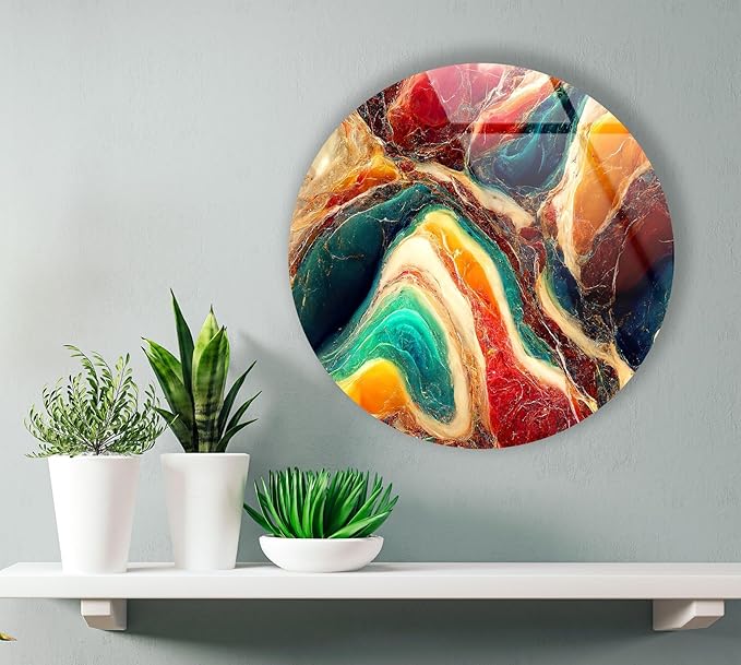 My Photostation.com 27.5''(70cm) Diameter Colorful Marble Swirl Round Wall Art Abstract Glass Decor with Earthy Tones & Gemstone Texture